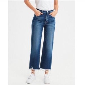 American Eagle Womens Jean 12 Wide Leg Crop Blue Button Fly Fray Distressed